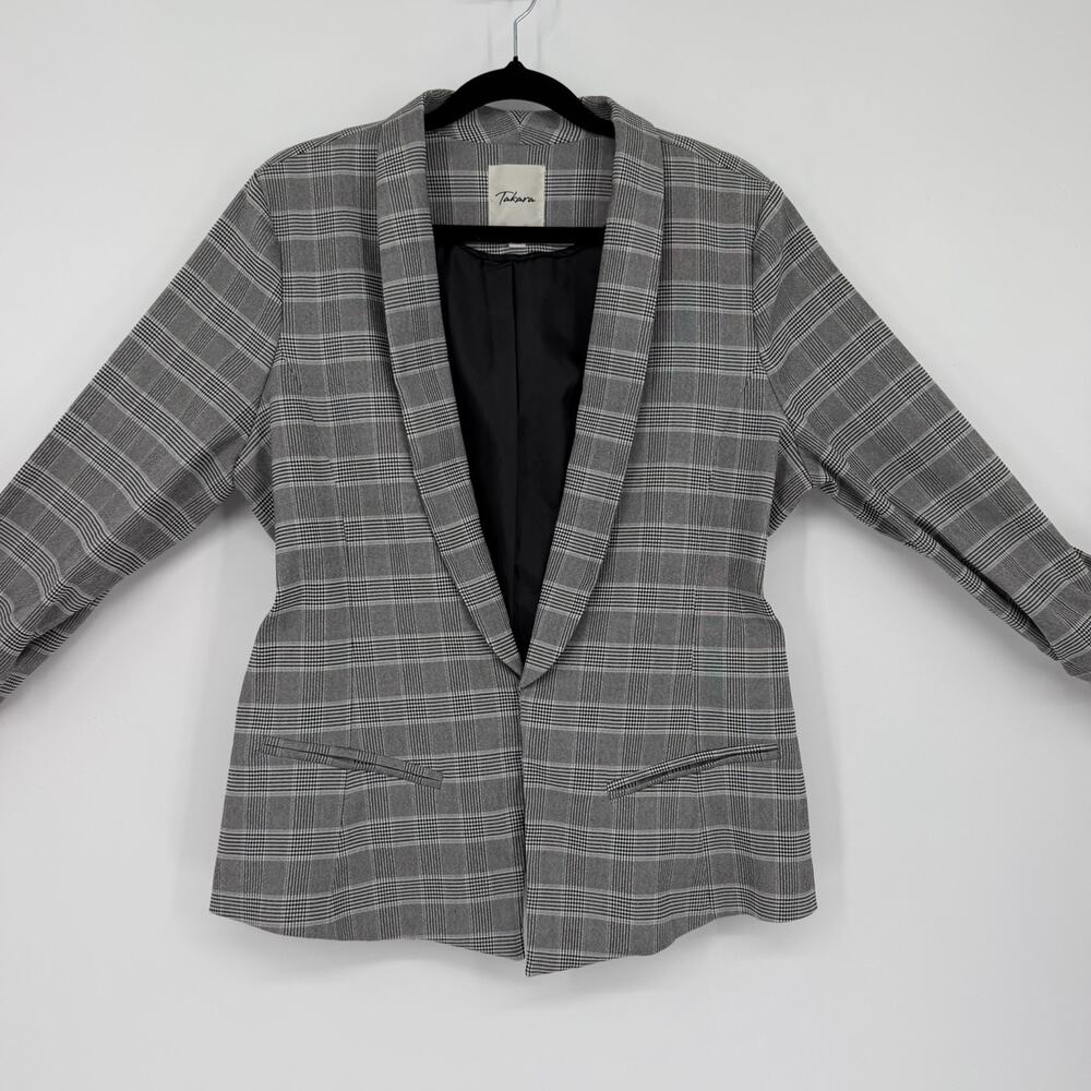 Takara Plaid Blazer Womens XL Long Sleeve Cutaway Open Front Gray